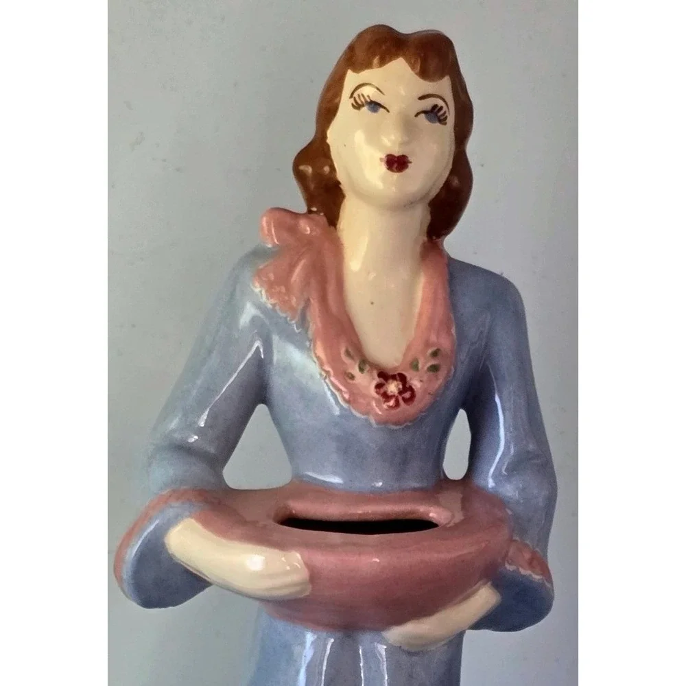 Vintage Lady Vase Blue Dress Pink Floral 1940-50's Weil Ware California 3053 MCM